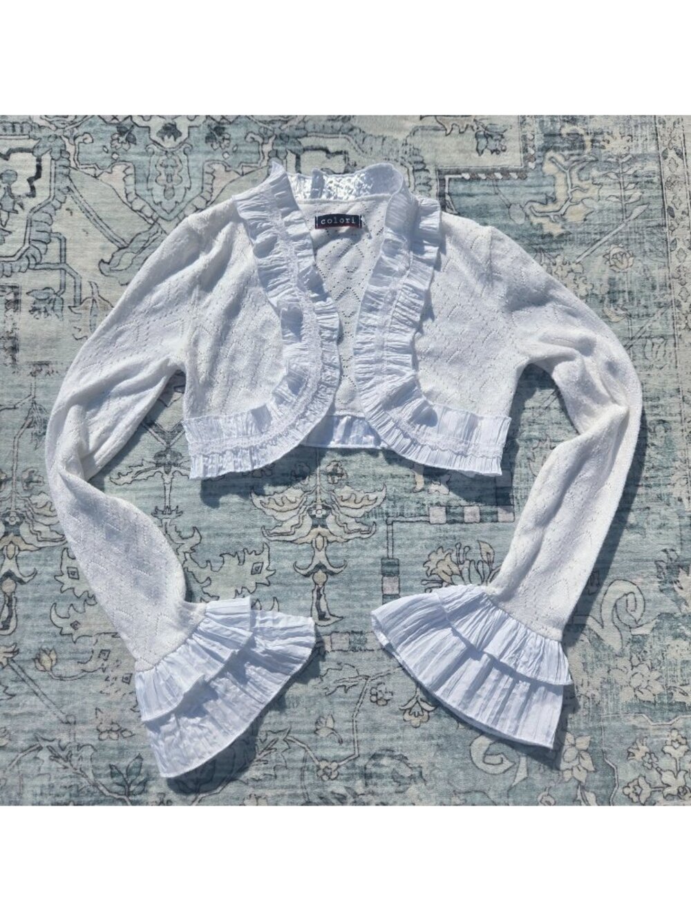Y2K White Ruffled Shrug Bolero Cardigan Bell Sleeves Size S Fairy Angelcore